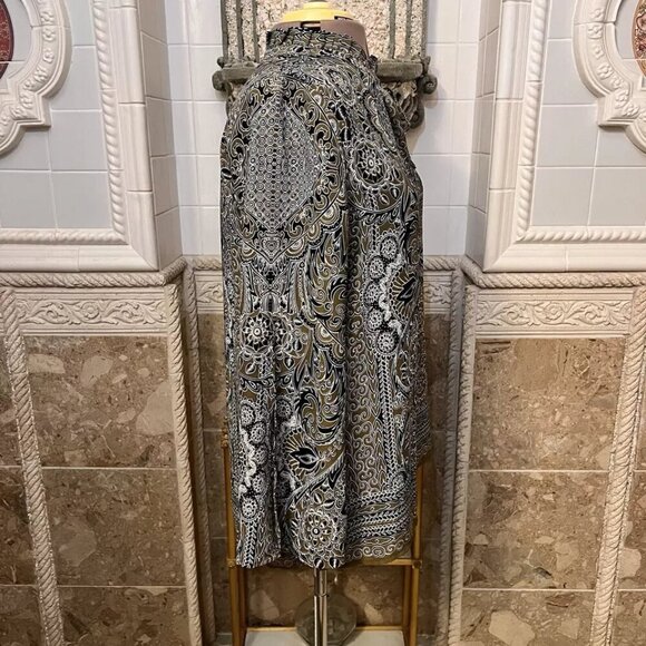 Fever. Sz Large. Border print tan black. Pleated Neck w Tie. Long Sleeve. B28 - Picture 5 of 8